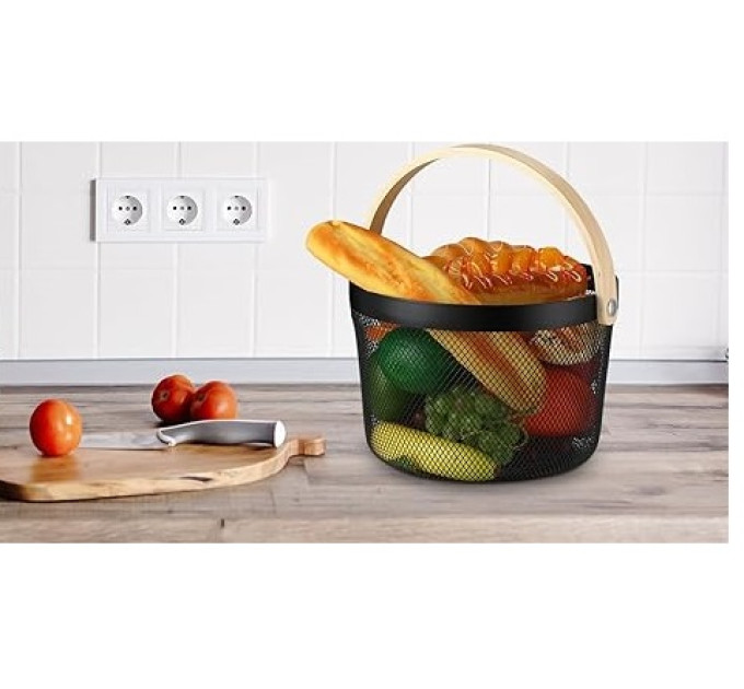 Корзина металлическая с бамбуковой ручкой черная