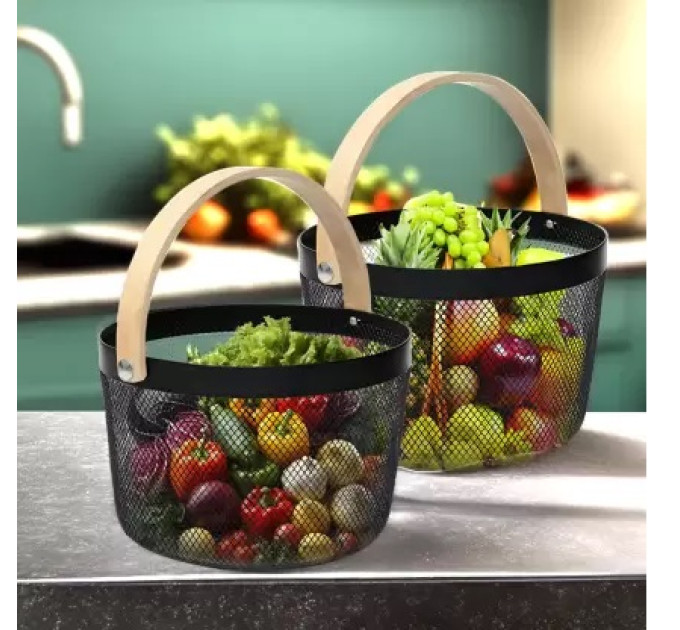Корзина металлическая с бамбуковой ручкой черная